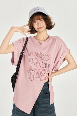 American Retro Printed Drop Shoulder Short Sleeve T-Shirt for Women - Casual Loose Fit with Side Slit - Summer 90s Style