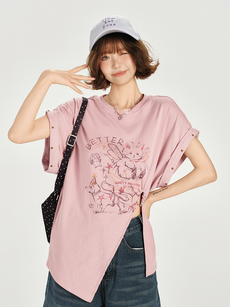 American Retro Printed Drop Shoulder Short Sleeve T-Shirt for Women - Casual Loose Fit with Side Slit - Summer 90s Style American Retro Printed Drop Shoulder Short Sleeve T-Shirt for Women - Casual Loose Fit with Side Slit - Summer 90s Style