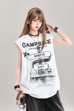 American Retro Printed Letter Tank Top for Girls - Summer 2025 Loose Slimming Sleeveless Sports Top, Y2K Style