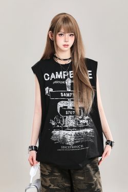 American Retro Printed Letter Tank Top for Girls - Summer 2025 Loose Slimming Sleeveless Sports Top, Y2K Style