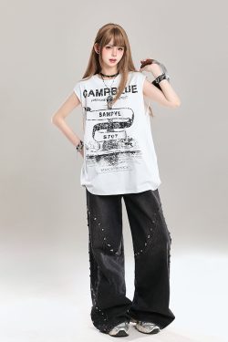 American Retro Printed Letter Tank Top for Girls - Summer 2025 Loose Slimming Sleeveless Sports Top, Y2K Style