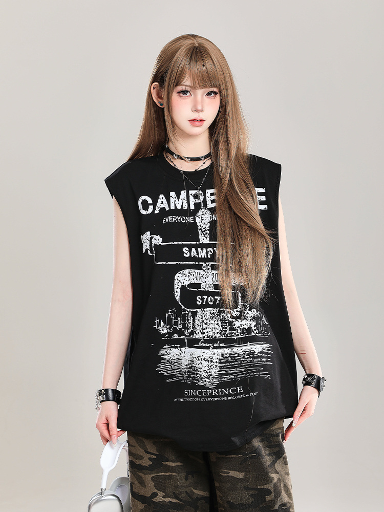 American Retro Printed Letter Tank Top for Girls - Summer 2025 Loose Slimming Sleeveless Sports Top, Y2K Style American Retro Printed Letter Tank Top for Girls - Summer 2025 Loose Slimming Sleeveless Sports Top, Y2K Style