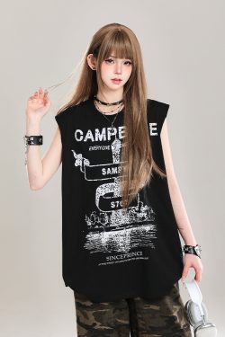 American Retro Printed Letter Tank Top for Girls - Summer 2025 Loose Slimming Sleeveless Sports Top, Y2K Style
