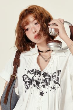 American Retro Printed Short-Sleeve Blouse for Women - Summer Ruffled V-Neck Top, Slimming Fit, Vintage Style