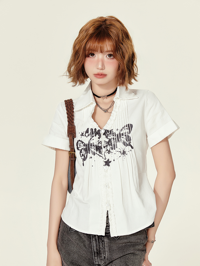 American Retro Printed Short-Sleeve Blouse for Women - Summer Ruffled V-Neck Top, Slimming Fit, Vintage Style American Retro Printed Short-Sleeve Blouse for Women - Summer Ruffled V-Neck Top, Slimming Fit, Vintage Style