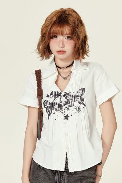 American Retro Printed Short-Sleeve Blouse for Women - Summer Ruffled V-Neck Top, Slimming Fit, Vintage Style