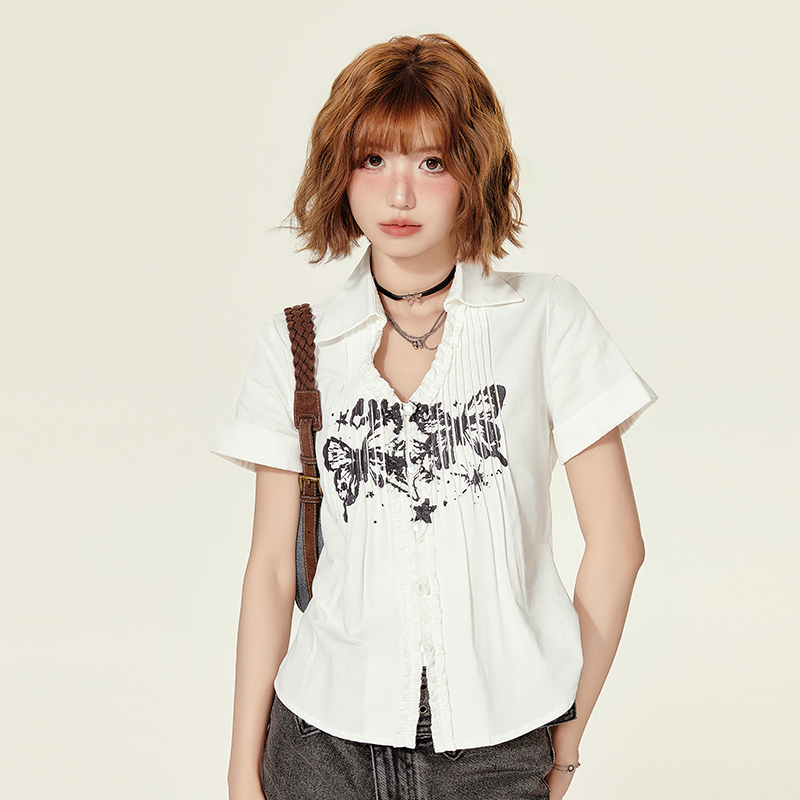 American Retro Printed Short-Sleeve Blouse for Women - Summer Ruffled V-Neck Top, Slimming Fit, Vintage Style American Retro Printed Short-Sleeve Blouse for Women - Summer Ruffled V-Neck Top, Slimming Fit, Vintage Style