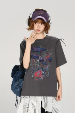 American Retro Round Neck Short Sleeve T-Shirt for Women - Summer Tie Design Loose Slimming Top - Y2K Chic