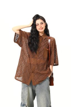 American Retro Short Sleeve Shirt Jacket for Women - Summer Loose Casual Top with Unique Design