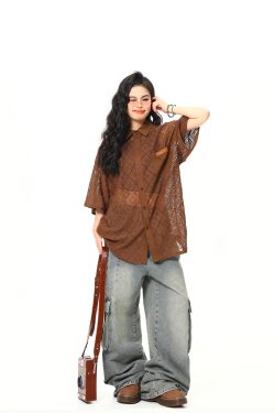 American Retro Short Sleeve Shirt Jacket for Women - Summer Loose Casual Top with Unique Design