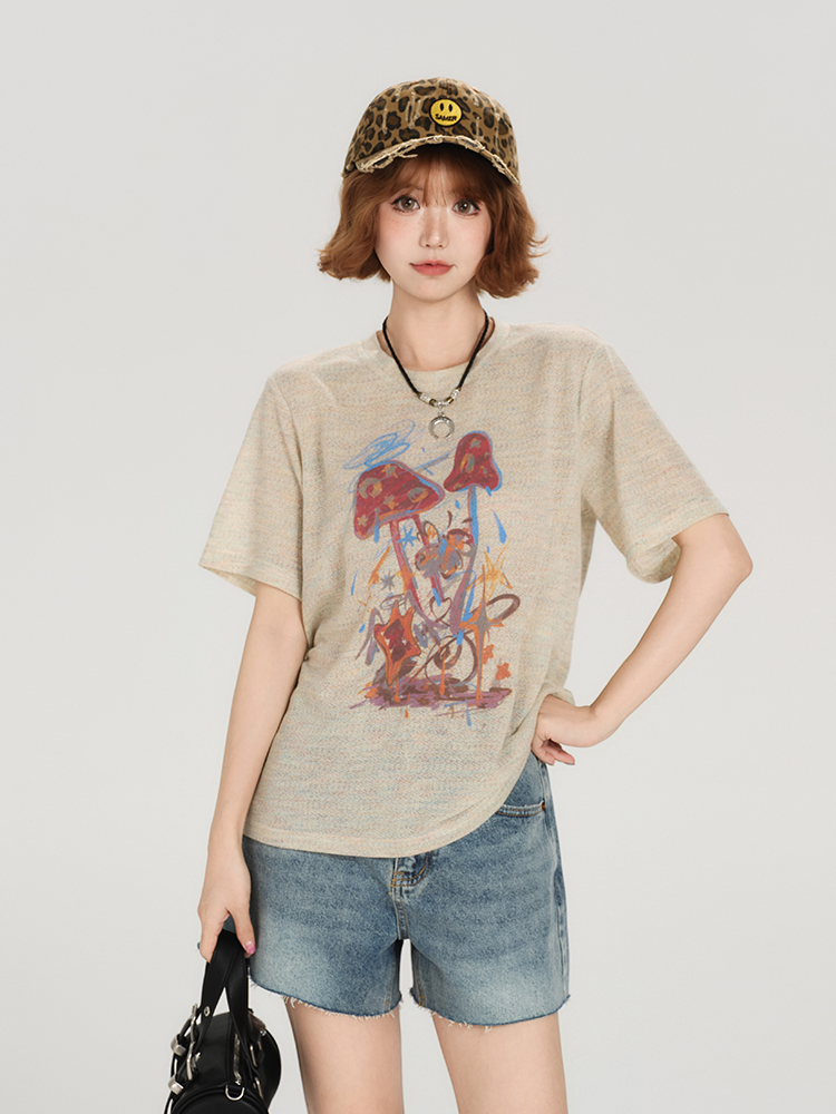 American Retro Short Sleeve T-Shirt for Women - Summer Casual Round Neck Top, Printed Loose-Fitting Slimming Style American Retro Short Sleeve T-Shirt for Women - Summer Casual Round Neck Top, Printed Loose-Fitting Slimming Style