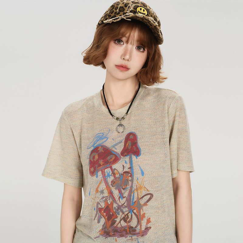 American Retro Short Sleeve T-Shirt for Women - Summer Casual Round Neck Top, Printed Loose-Fitting Slimming Style American Retro Short Sleeve T-Shirt for Women - Summer Casual Round Neck Top, Printed Loose-Fitting Slimming Style