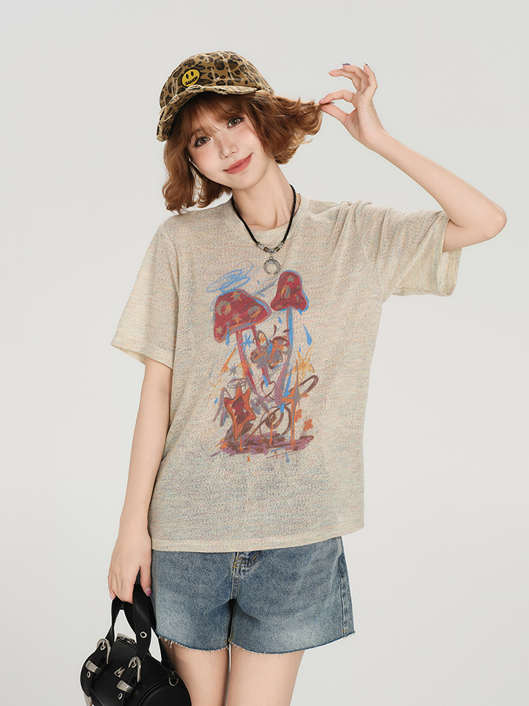 American Retro Short Sleeve T-Shirt for Women - Summer Casual Round Neck Top, Printed Loose-Fitting Slimming Style American Retro Short Sleeve T-Shirt for Women - Summer Casual Round Neck Top, Printed Loose-Fitting Slimming Style