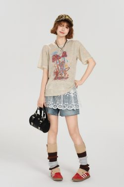 American Retro Short Sleeve T-Shirt for Women - Summer Casual Round Neck Top, Printed Loose-Fitting Slimming Style