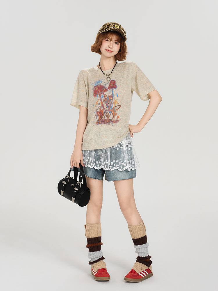 American Retro Short Sleeve T-Shirt for Women - Summer Casual Round Neck Top, Printed Loose-Fitting Slimming Style American Retro Short Sleeve T-Shirt for Women - Summer Casual Round Neck Top, Printed Loose-Fitting Slimming Style