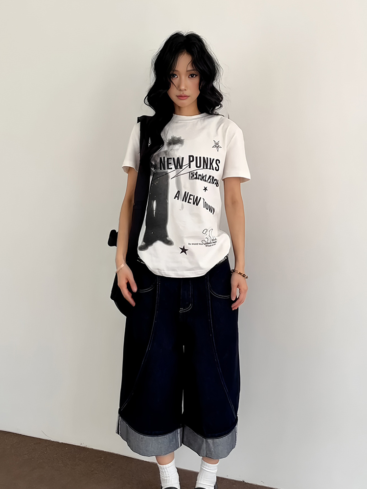 American Retro Short Sleeve T-Shirt for Women, Summer Punk Letter Print, Slim Fit Versatile Top, Y2K Trendy Style American Retro Short Sleeve T-Shirt for Women, Summer Punk Letter Print, Slim Fit Versatile Top, Y2K Trendy Style