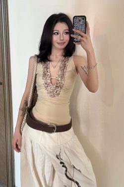 American Retro Sleeveless Spicy Girl Tank Top with Sequins, Slim Fit Summer Top, Trendy Y2K Style