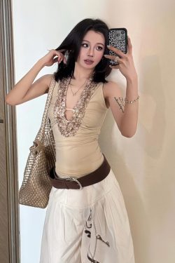 American Retro Sleeveless Spicy Girl Tank Top with Sequins, Slim Fit Summer Top, Trendy Y2K Style