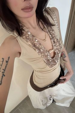 American Retro Sleeveless Spicy Girl Tank Top with Sequins, Slim Fit Summer Top, Trendy Y2K Style