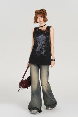 American Retro Sleeveless T-Shirt for Women - Summer Tie Design, Loose Slimming Tank Top, Y2K Fashion Style