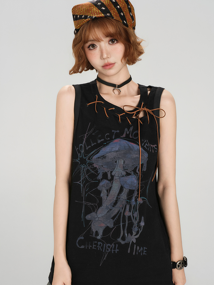 American Retro Sleeveless T-Shirt for Women - Summer Tie Design, Loose Slimming Tank Top, Y2K Fashion Style American Retro Sleeveless T-Shirt for Women - Summer Tie Design, Loose Slimming Tank Top, Y2K Fashion Style