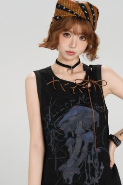 American Retro Sleeveless T-Shirt for Women - Summer Tie Design, Loose Slimming Tank Top, Y2K Fashion Style