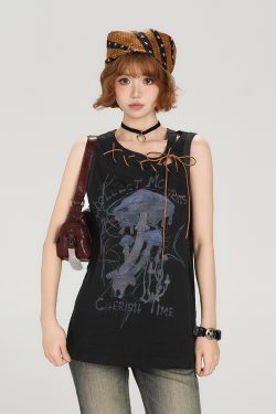 American Retro Sleeveless T-Shirt for Women - Summer Tie Design, Loose Slimming Tank Top, Y2K Fashion Style