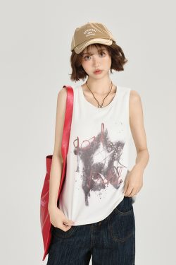 American Retro Sleeveless Tank Top for Women - Summer Casual Printed T-Shirt, Loose Fit Slimming Style