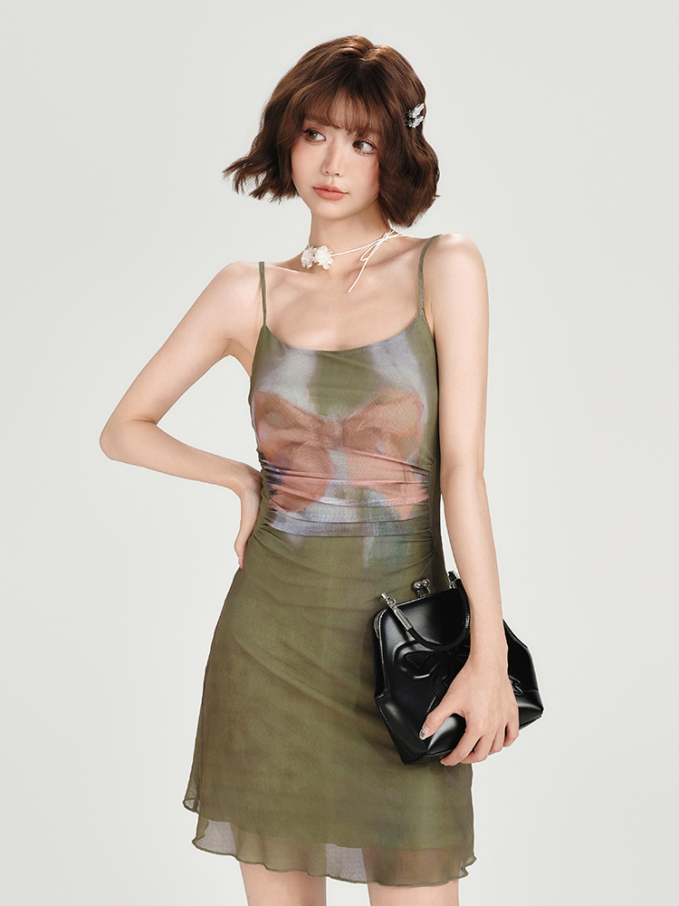 American Retro Spicy Girl Mesh Strap Dress - Women's Summer Slim Fit Ink Dyed Dress for Y2K and 90s Inspired Fashion American Retro Spicy Girl Mesh Strap Dress - Women's Summer Slim Fit Ink Dyed Dress for Y2K and 90s Inspired Fashion