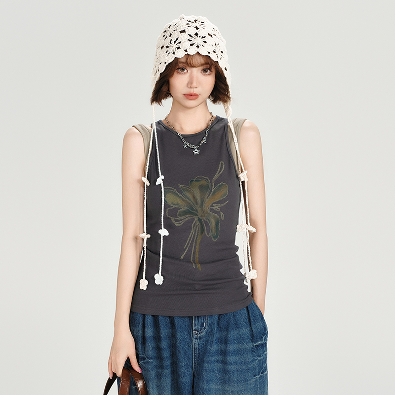 American Retro Spicy Girl Sleeveless T-Shirt Vest - Summer Slim Fit Fake Two-Piece Top for Women American Retro Spicy Girl Sleeveless T-Shirt Vest - Summer Slim Fit Fake Two-Piece Top for Women