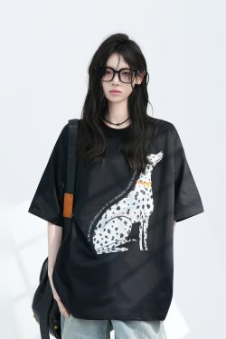 American Retro Spotted Dog Short Sleeve T-Shirt for Women - Loose Fit Heavyweight Summer Tee, Casual 90s Style Top