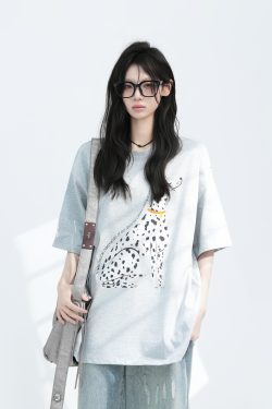 American Retro Spotted Dog Short Sleeve T-Shirt for Women - Loose Fit Heavyweight Summer Tee, Casual 90s Style Top