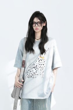 American Retro Spotted Dog Short Sleeve T-Shirt for Women - Loose Fit Heavyweight Summer Tee, Casual 90s Style Top