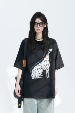 American Retro Spotted Dog Short Sleeve T-Shirt for Women - Loose Fit Heavyweight Summer Tee, Casual 90s Style Top