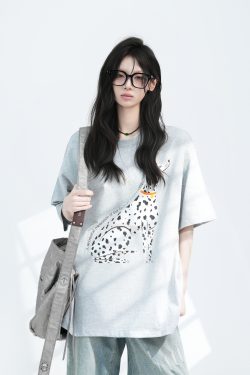 American Retro Spotted Dog Short Sleeve T-Shirt for Women - Loose Fit Heavyweight Summer Tee, Casual 90s Style Top