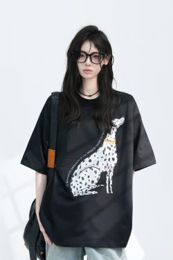 American Retro Spotted Dog Short Sleeve T-Shirt for Women - Loose Fit Heavyweight Summer Tee, Casual 90s Style Top