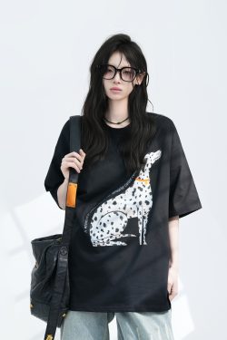 American Retro Spotted Dog Short Sleeve T-Shirt for Women - Loose Fit Heavyweight Summer Tee, Casual 90s Style Top