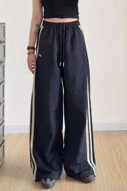 American Retro Striped Loose Work Pants for Women, High Street Casual Straight-Leg Cargo Trousers