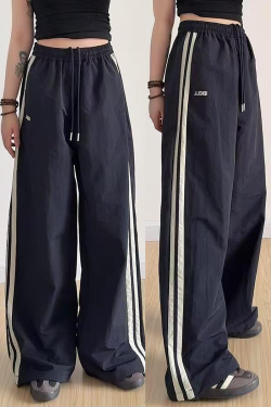 American Retro Striped Loose Work Pants for Women, High Street Casual Straight-Leg Cargo Trousers