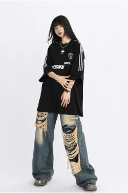 American Retro Striped Oversized Short-Sleeve T-Shirt for Women - Summer Trendy Couple Top, 90s Style, Casual Streetwear