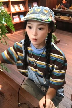 American Retro Striped Short Sleeve Casual Color-Blocking T-Shirt for Women - Summer Loose Fit College Style Top