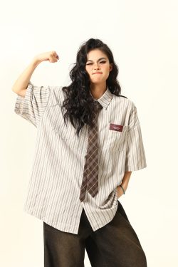 American Retro Striped Short Sleeve Shirt for Women - Versatile Loose Fit Summer Fashion Trend