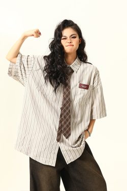 American Retro Striped Short Sleeve Shirt for Women - Versatile Loose Fit Summer Fashion Trend