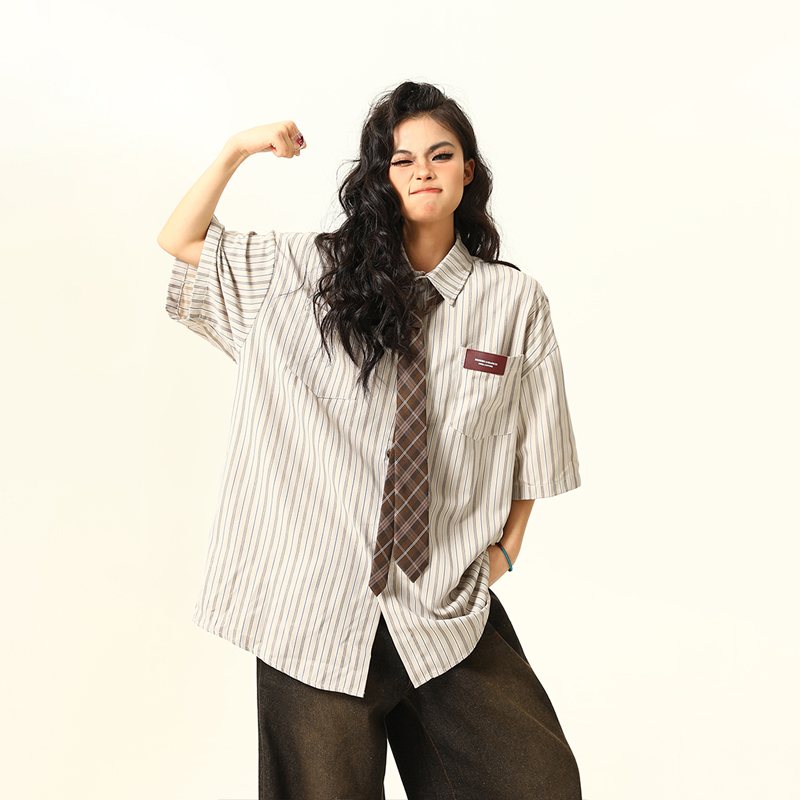 American Retro Striped Short Sleeve Shirt for Women - Versatile Loose Fit Summer Fashion Trend American Retro Striped Short Sleeve Shirt for Women - Versatile Loose Fit Summer Fashion Trend