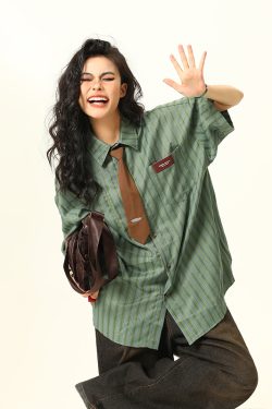 American Retro Striped Short Sleeve Shirt for Women - Versatile Loose Fit Summer Fashion Trend