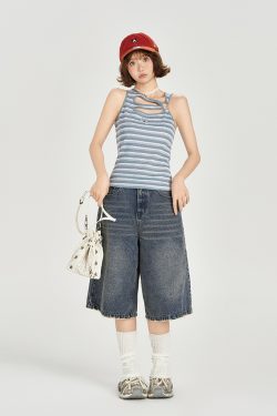 American Retro Striped Sleeveless T-Shirt for Women - Summer Slim Fit Flattering Tank Top, Niche Design, Y2K Style