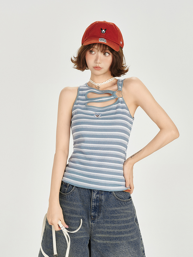 American Retro Striped Sleeveless T-Shirt for Women - Summer Slim Fit Flattering Tank Top, Niche Design, Y2K Style American Retro Striped Sleeveless T-Shirt for Women - Summer Slim Fit Flattering Tank Top, Niche Design, Y2K Style