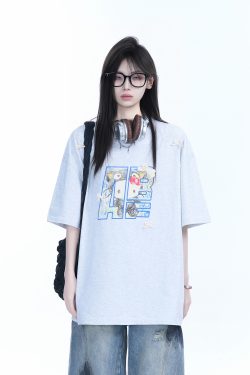 American Retro Style Black Short-Sleeve T-Shirt for Women with Kitty Cat Graffiti, Loose Round Neck, Y2K Vibe, Casual Fashion Top