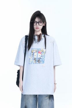 American Retro Style Black Short-Sleeve T-Shirt for Women with Kitty Cat Graffiti, Loose Round Neck, Y2K Vibe, Casual Fashion Top