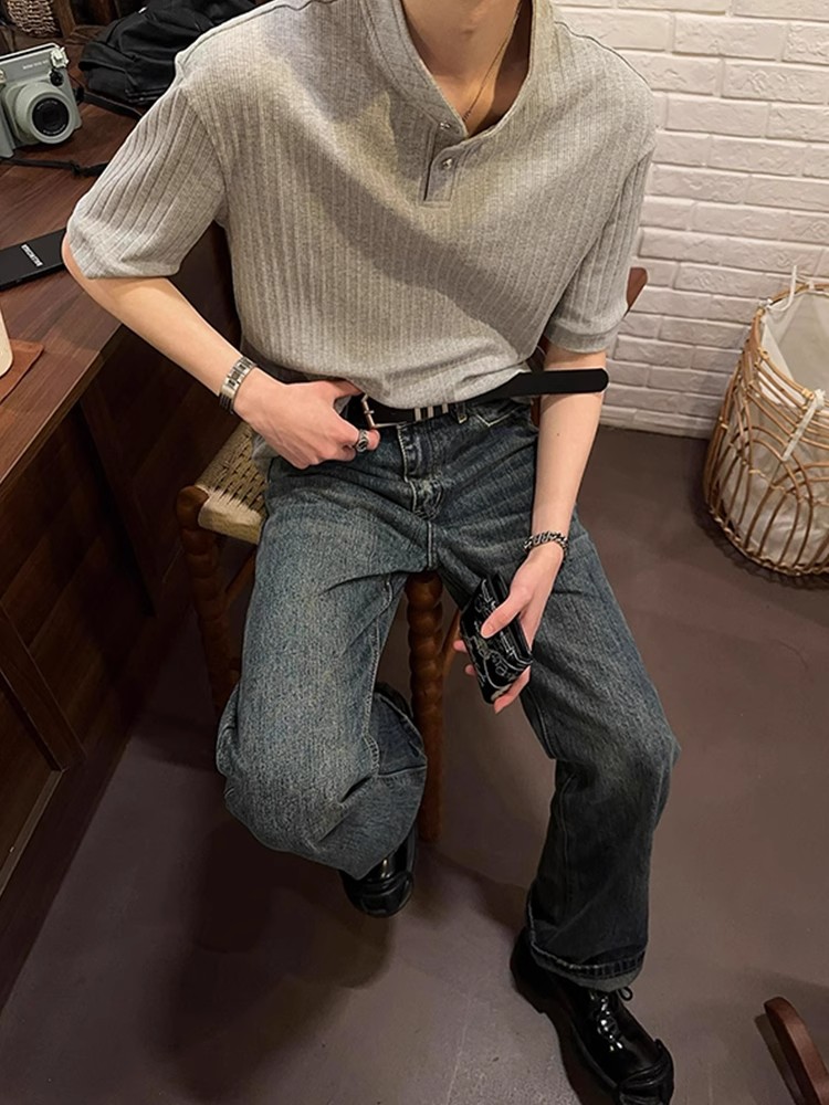 American Retro Textured Henley Short-Sleeve T-Shirt for Men and Women - Trendy Loose Fit Summer Top American Retro Textured Henley Short-Sleeve T-Shirt for Men and Women - Trendy Loose Fit Summer Top